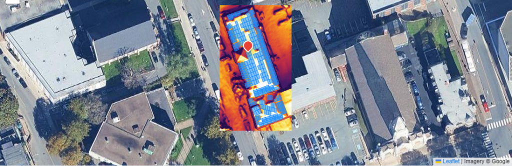 Google Solar flux heatmap with estimated blue solar panel layout on a Nova Scotia roof